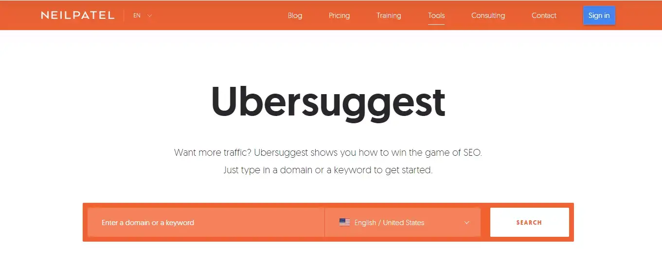 Скриншот из Ubersuggest Главная страница